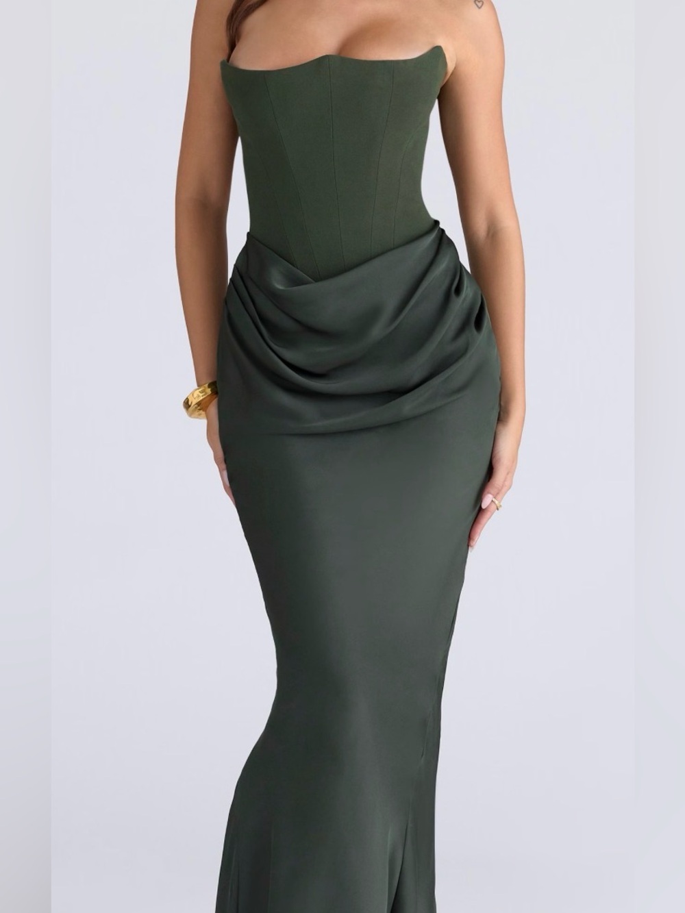 House of CB Persephone Emerald Green Crepe Strapless Corset Maxi Dress (Size M)